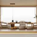 Traditional Japanese Tea Room With Wooden Table Teapot Window Blinds And Potted Plant