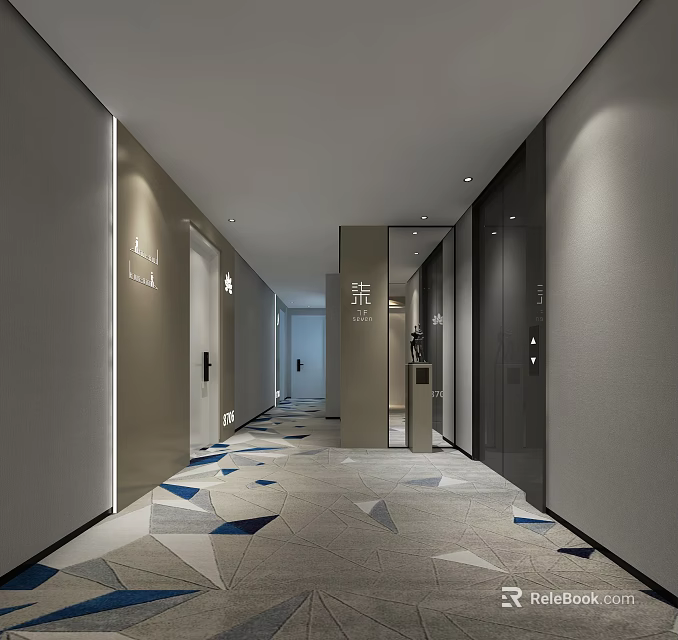 Elegant Hotel Corridor With Geometric Pattern Carpet Recessed Lighting And Guest Room Doors 3d model 