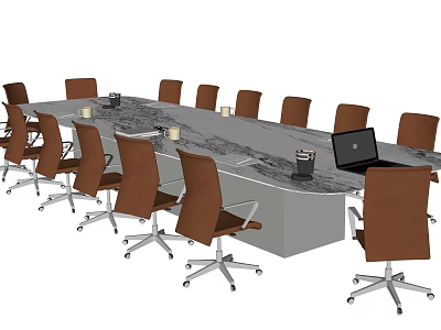 Modern Conference Table with Marble Top and Brown Rolling Office Chairs Laptop Candles 3d model
