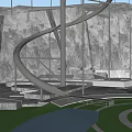 Silver Slide Amusement Equipment With Grey Rock Wall Green Grass And White Platform