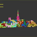 Church Building Model With Tall Spire Yellow White Exterior Green Decor Elements Reflection Base