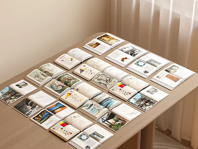 Open Books Magazines Laid Out on Wooden Table Displaying Various Images and Contents 3d model
