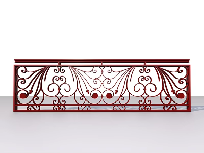 Red Wrought Iron Railing With Intricate Scroll Designs And Circular Motifs 3d model