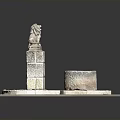 Traditional Stone Architecture Featuring Lion Statue Circular Well And Stone Platform Design
