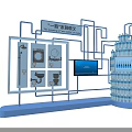 Warm Home Exhibition Stand With Water Heater Icons Display Board Digital Screen And Stacked Bottles