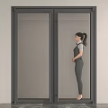 Modern Glass Double Doors Interior With Dark Frame And Human Figure Standing Beside