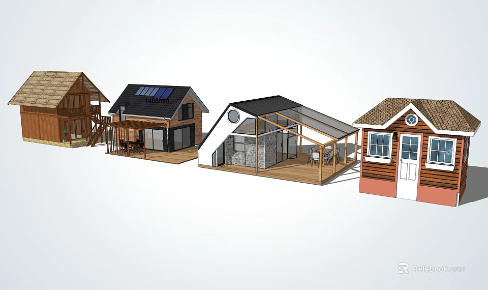 Different Wooden House Designs With Various Roof Styles And Solar Panels 3d model 