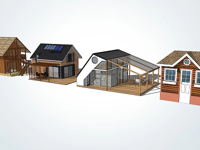 Different Wooden House Designs With Various Roof Styles And Solar Panels 3d model