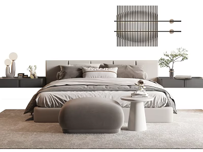 Modern Double Bed with Grey Headboard Bedding Nightstands and Wall Art 3d model