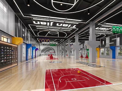 Modern Indoor Basketball Court With USBA Logo Wooden Floor And Red Court Area 3d model