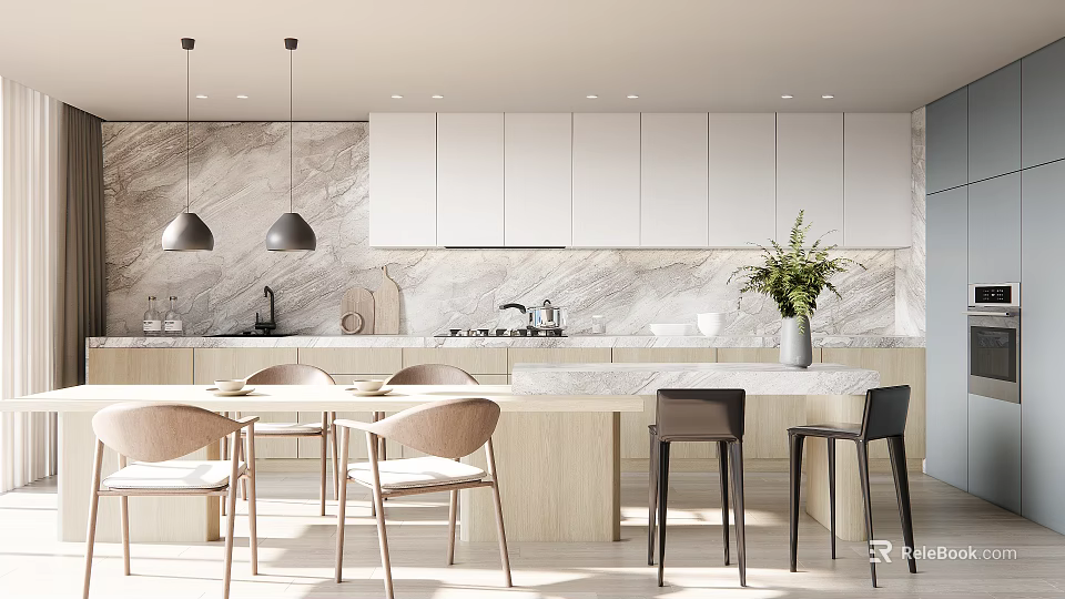 Modern Restaurant Dining Space With Marble Counter Pendant Lights And Bar Stools 3d model 