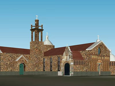 Ancient Historic Building With Stone Exterior Red Roof Bell Tower Domes Crosses And Arched Doors 3d model