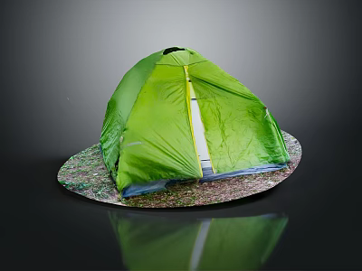 Green Dome Shaped Tent with Yellow Zipper on Gravel Platform against Dark Background and Reflection 3d model