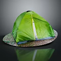Green Dome Shaped Tent with Yellow Zipper on Gravel Platform against Dark Background and Reflection