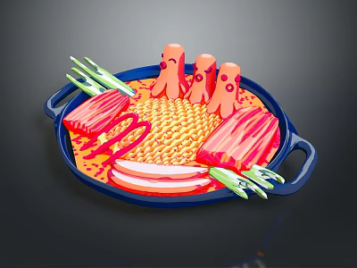 Colorful Hot Pot With Blue Pot Orange Broth Sliced Meat Octopus And Greens 3d model