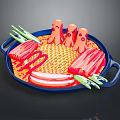 Colorful Hot Pot With Blue Pot Orange Broth Sliced Meat Octopus And Greens