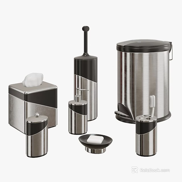 Modern Stainless Steel Bathroom Accessories Set With Trash Can Soap Dispenser And Tissue Box 3d model 