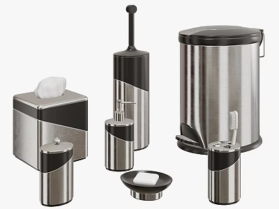 Modern Stainless Steel Bathroom Accessories Set With Trash Can Soap Dispenser And Tissue Box 3d model
