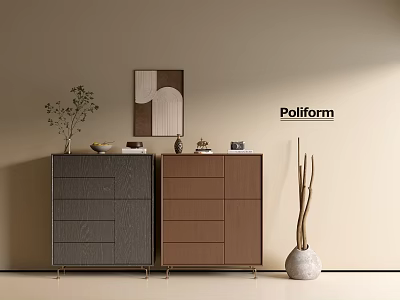 Modern Poliform Entryway And Side Cabinets In Gray Brown With Decorative Painting Plant And Vase 3d model