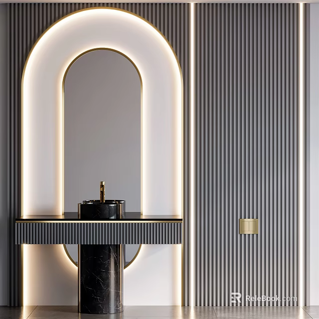 Modern Arched Washbasin Interior Design With Black Counter And Striped Lighting 3d model 