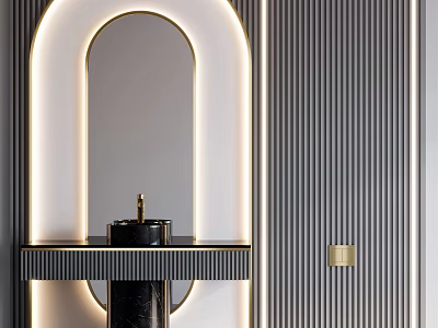 Modern Arched Washbasin Interior Design With Black Counter And Striped Lighting 3d model