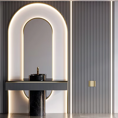 Modern Arched Washbasin Interior Design With Black Counter And Striped Lighting 3d model