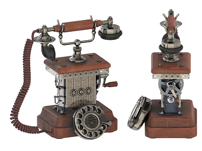 Vintage Retro Telephone With Wooden Base Metal Parts And Rotary Dial 3d model