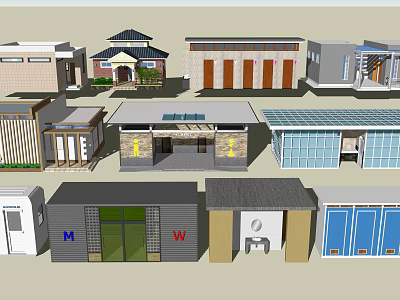 Diverse Small Building Entrance Models With Different Roof And Door Styles 3d model