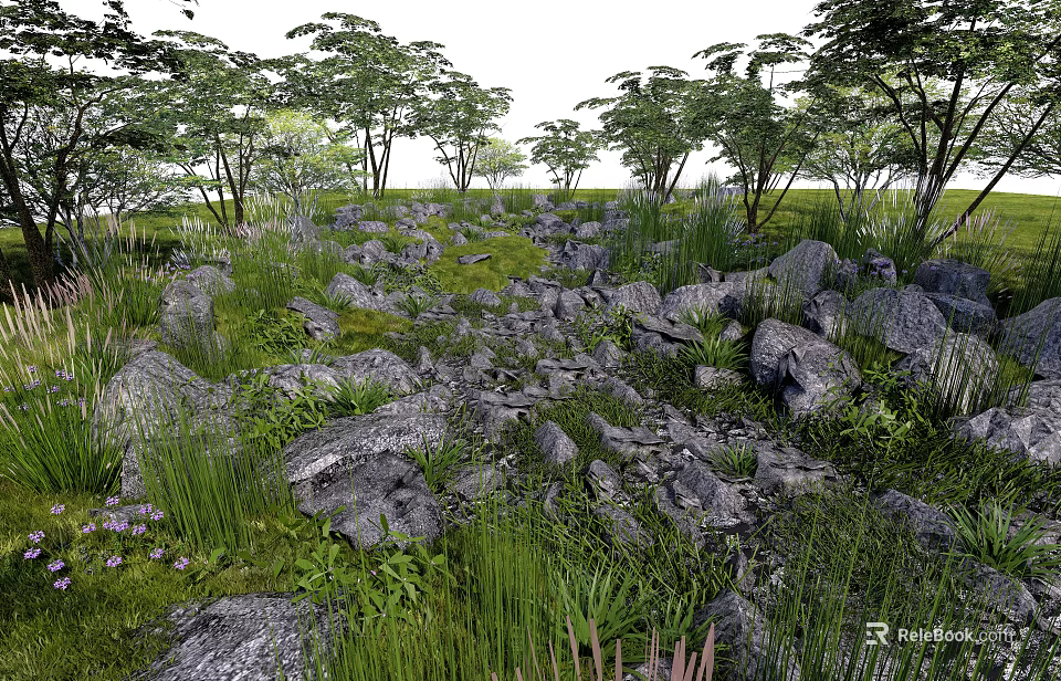 Natural Garden Ornament Scene With Rocks Green Grass And Tall Trees 3d model 