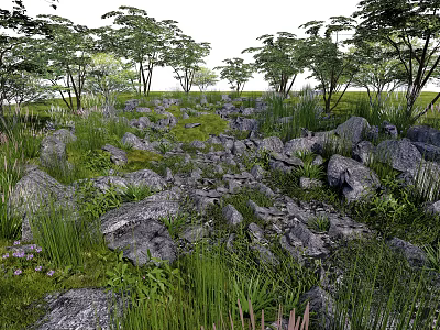 Natural Garden Ornament Scene With Rocks Green Grass And Tall Trees 3d model