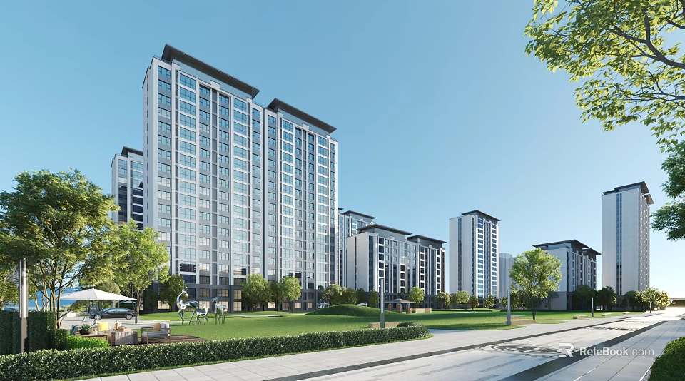 Modern High Rise Residential Buildings With Green Lawns Trees And Outdoor Spaces 3d model 