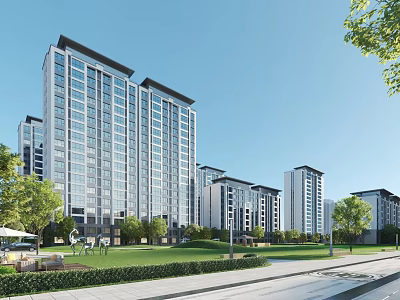 Modern High Rise Residential Buildings With Green Lawns Trees And Outdoor Spaces 3d model