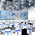 Blue Ocean Themed Banquet Hall With Hanging Whale Decor And Frosty Staircase Design
