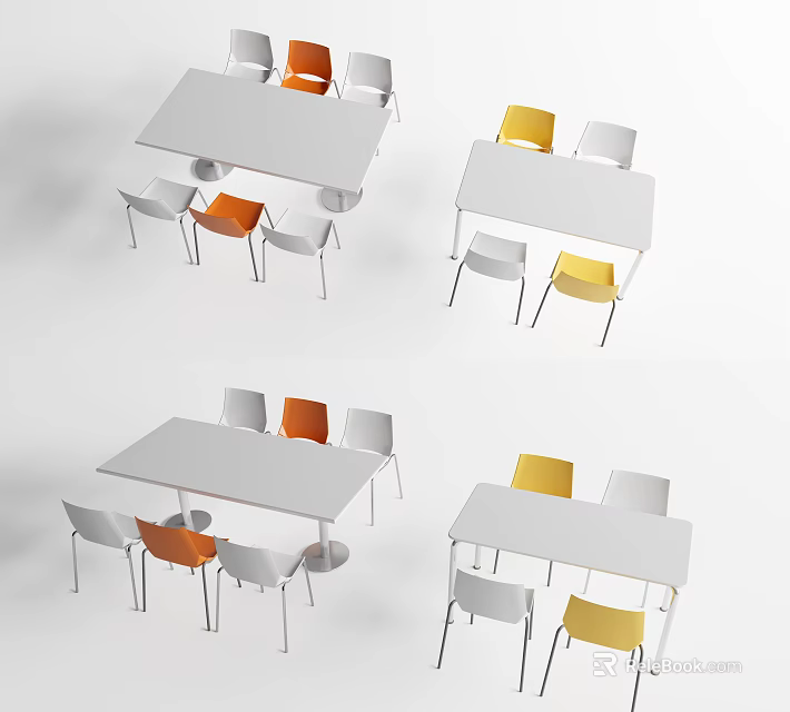 Modern Dining Table Set With White Table And Orange Yellow Chairs 3d model