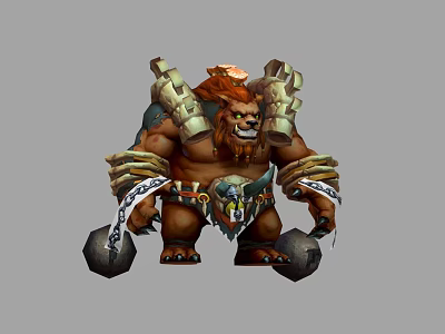 Fierce Muscular Fantasy Game Character With Lion Head Furry Body Decorative Armor And Stone Hammers 3d model