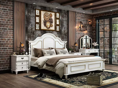 Modern Rustic Bedroom Interior With White Bed Wooden Nightstand Dresser Wall Art And Area Rug 3d model