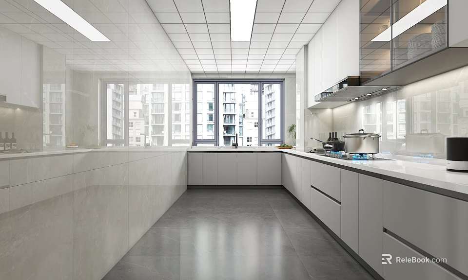 Modern Kitchen Interior With White Cabinets Large Windows And Sleek Countertops 3d model