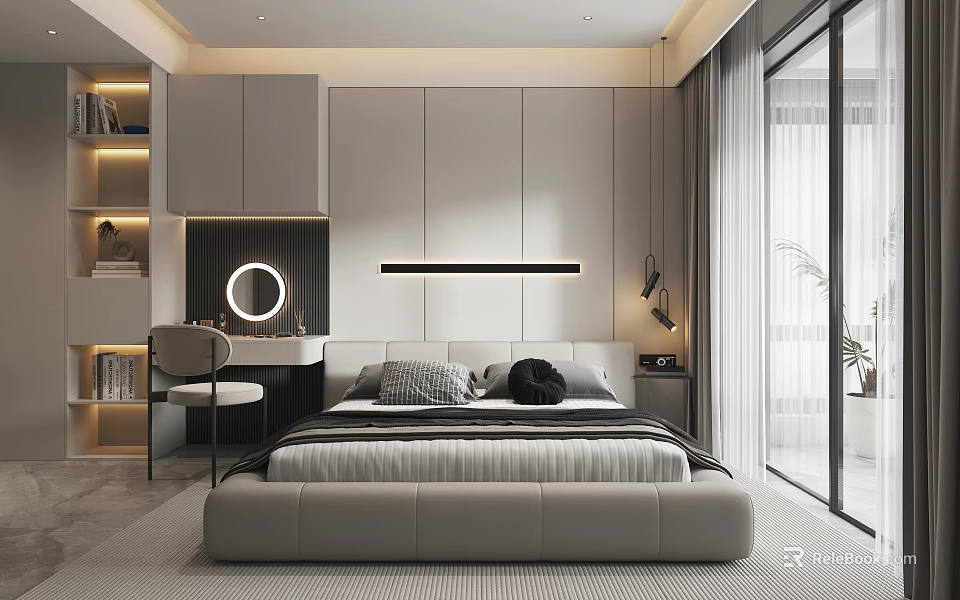 Modern Minimalist Bedroom With Large Bed Dressing Table Round Mirror And Floor to Ceiling Window 3d model 
