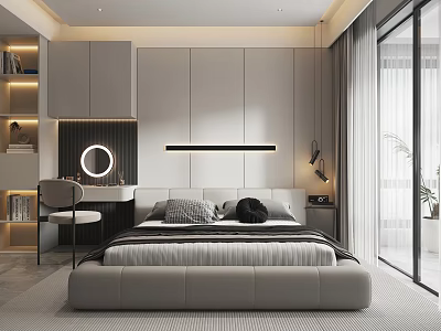 Modern Minimalist Bedroom With Large Bed Dressing Table Round Mirror And Floor to Ceiling Window 3d model