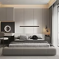Modern Minimalist Bedroom With Large Bed Dressing Table Round Mirror And Floor to Ceiling Window