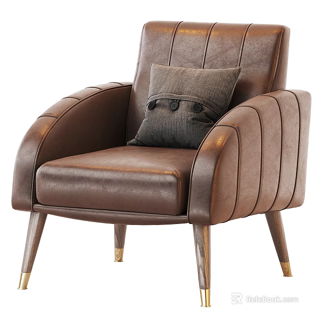 Brown Leather Single Sofa With Tufted Backrest And Decorative Pillow 3d model 