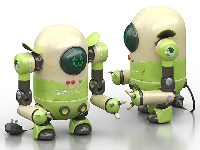 Green And Beige Industrial Robots With Mechanical Arms And Digital Screens 3d model