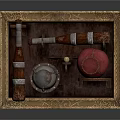 Vintage Ornate Golden Frame With Hammer Metal Shield And Red Velvet Object