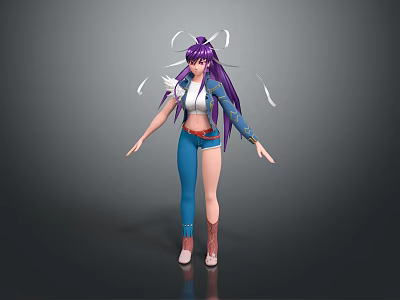 Child With Purple Long Hair Blue Pants White Top And Floating Ribbon Accessories 3d model