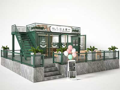 Green Container Building Cafe Shop With Outdoor Seating Plants Staircase And Railing 3d model