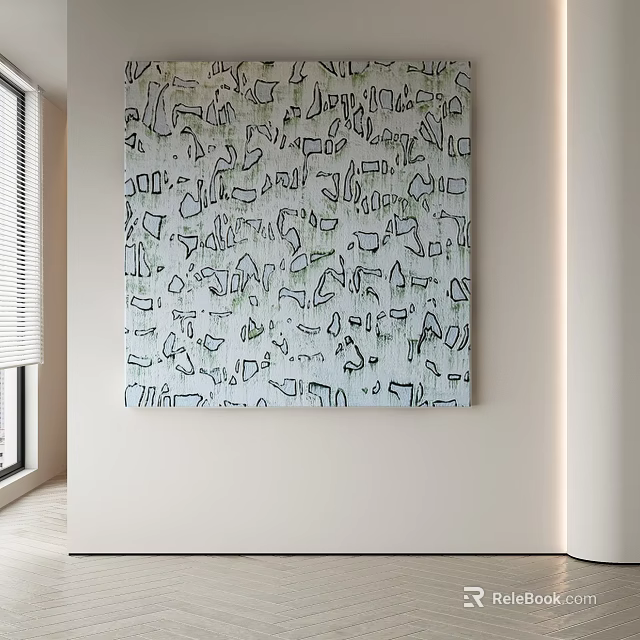 Modern Abstract Painting With Dense Black Green Abstract Patterns On White Wall Interior 3d model 