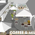 Café Serving Coffee and Milk Tea with Outdoor Seating Green Plants and Umbrellas