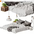 Double Bed With White Quilt Gray Pillows Hanging Pendant Lights Green Plants Wooden Side Table