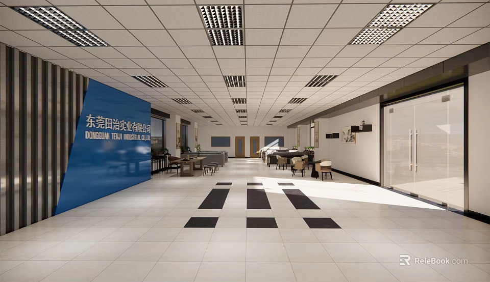 Leisure Area With White Tiled Floor Black Square Patterns Blue Display Board Tables Chairs Piano 3d model 