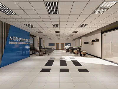 Leisure Area With White Tiled Floor Black Square Patterns Blue Display Board Tables Chairs Piano 3d model